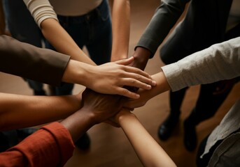 Diverse group of people putting hands together for teamwork and unity