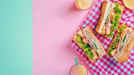 Obraz premium Colorful picnic spread featuring grilled sandwiches, lemonade, and a checkered blanket set against a pastel pink and green background. A bright and fun summer lunch setup.