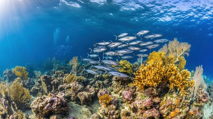 Underwater Scene with Colorful Coral Reef and School of Fish in Clear Ocean Water, Showcasing Marine Life and Vibrant Ecosystem Diversity for Nature Lovers and Environmental Awareness