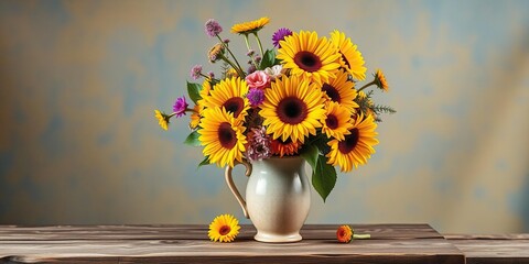 A colorful arrangement of sunflowers and other flowers in a vintage-style vase on a rustic wooden table set against a warm blue background, colorful blooms, sunflower bouquet © yuwaree