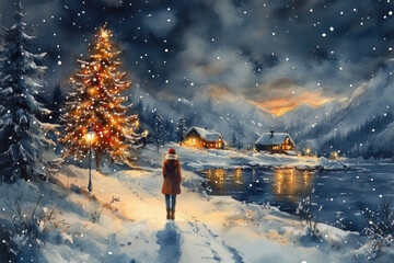 cozy winter landscape with a lonely figure of a man standing near a decorated Christmas tree and a lighted lantern.  