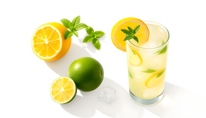 Fototapeta premium Lemonade drink with fresh lemons, lime, mint and ice. Refreshing citrus mojito cocktail on a light background with shadow. Summer cold drinks concept isolated with white highlights, png