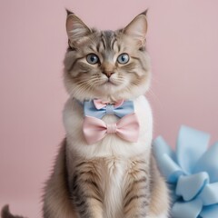 Adorable Ragdoll Kitten in a Pastel Bow Tie Posing Against a Pink Background: A Charming Pet Photography Studio Shot