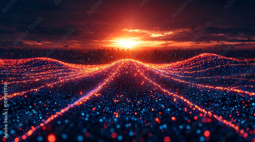 Poster futuristic digital cityscape with quantum data streaming between servers representing instant intern