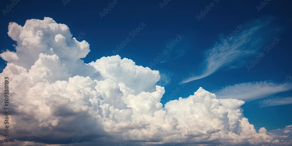Wall mural a dramatic blue sky with towering, cumulus clouds that stretch high into the atmosphere, mountainous