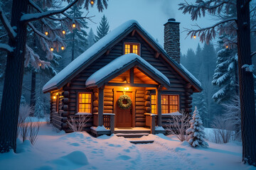 Enchanting Log Cabin with Twinkling Lights Surrounded by Snow-Dusted Forest