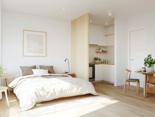 Modern minimalist bedroom design urban apartment interior cozy environment wide angle lifestyle concept