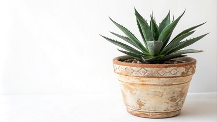 Agave plant in a rustic ceramic pot with earthy tones on a white background, architectural accent, planter box, garden feature, succulent pot