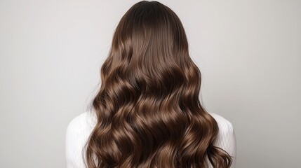 Fototapeta premium A woman with beautiful, flowing, wavy brown hair is seen from behind, showcasing the texture and shine against a neutral background.