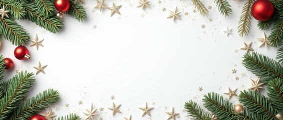 Green Christmas tree branches with red ornaments and golden stars on white frame, background with copy space, background with copy space