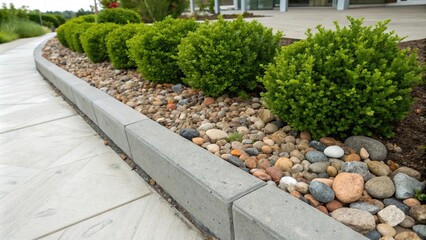 Obraz premium A concrete edging separates the lush green shrubs from a collection of colorful pebbles, pebble garden, gardening design