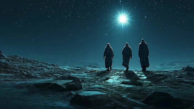 Three Wise Men figurines walking at night, bright the Star of Bethlehem in the sky. Epiphany. Feliz Dia de Reyes