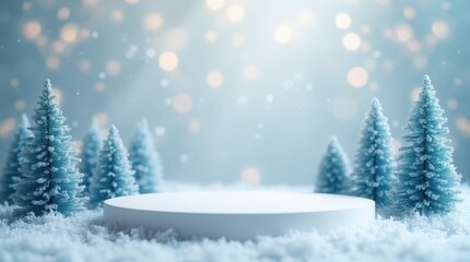 Obraz premium Snowy podium with pine trees in the background. Blurred bokeh lights behind. Festive, winter stage, background with copy space