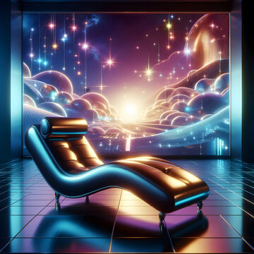 Glossy lounge under digital skies concept as A glossy chaise lounge set under a digital abstract sky filled with glowing gradients and shapes representing ultimate relaxation. in  Photo Stock  Concept