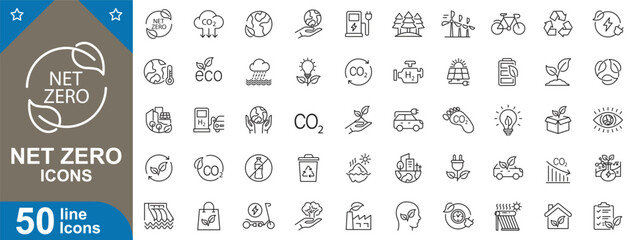 Net zero icons set. Sustainability, carbon neutral, eco-friendly, green energy, climate and more. thin line web icons vector illustration.