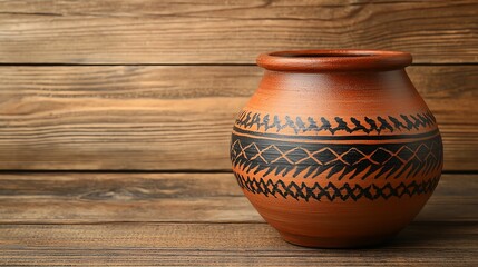 A beautifully crafted terracotta pot with intricate black designs, showcasing traditional artistry against a warm wooden background.