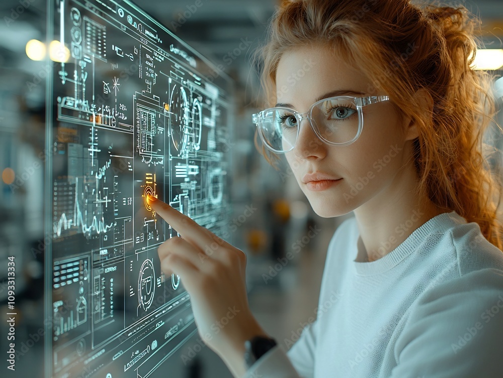 Poster engineer managing holographic smart grid interface with real time energy data visualization