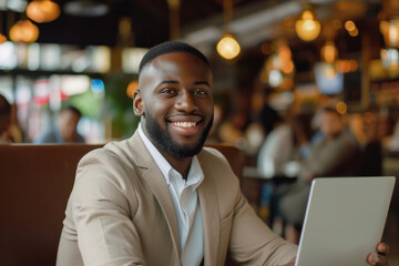 A young African-American in formal suit outfit professional is sitting in a cafe, smiling and looking at the camera use computer laptop