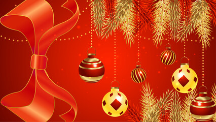 Gold and Red Vector Illustration Background for Season Celebration With 3d Fir and Ornaments. For Background, Banner, Pamphlet, Certificate and Presentation