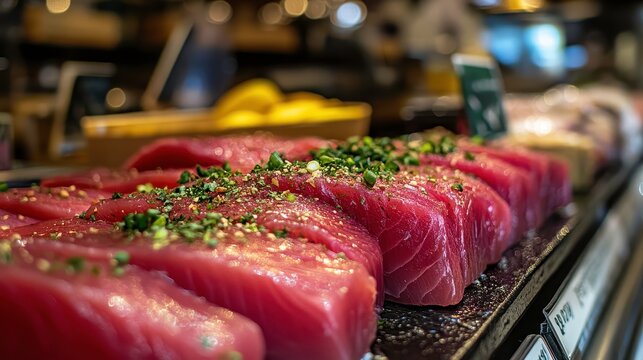 Freshly Prepared Tuna Slices with Green Garnish in a Vibrant Eatery Setting Showcasing Delicious Seafood Culinary Experience and Gastronomic Delight