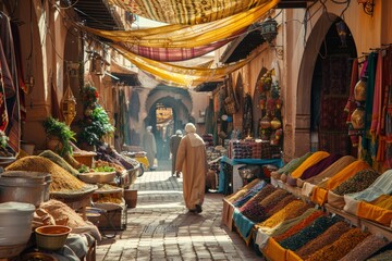 Bustling Moroccan souk street lined with vibrant spice piles, colorful textiles, and traditional pottery, soft sunlight and bustling with locals, creating an authentic market experience.