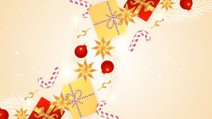 Cream Yellow and Red Happy New Year 3d Christmas Background Composition Of elements With Decorations. Design Illustration for Cover, Print, Poster, Wallpaper, Background, Banner, Presentation