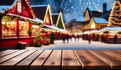 Fototapeta premium 4K picture with wooden table, xmas decorations and a christmas market on the back ground