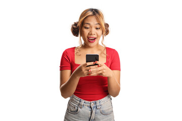 Surprised filipina woman using a smartphone