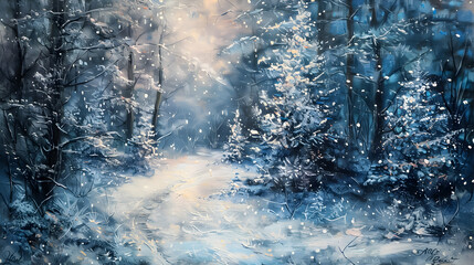 A serene winter forest with snow-covered trees and soft light creating a peaceful, magical scene.