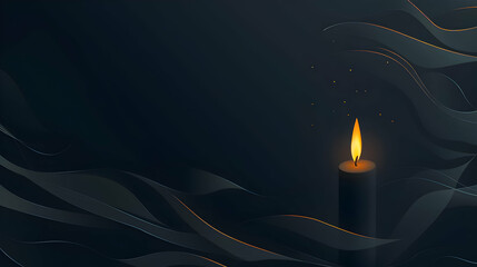 A dark-themed minimalist design featuring a single glowing candle with soft abstract wave accents.
