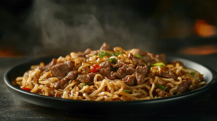 fried rice noodles with beef, Photo of thick noodles with beef on a plate, 