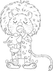 Coloring page with a lion cub in pajamas and slippers, he is yawning and holding a soft toy elephant.