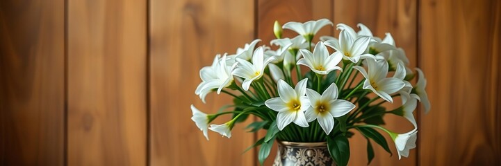 A group of white flowers arranged in a beautiful wooden vase with a floral pattern, white flowers, bouquet arrangement, elegant display