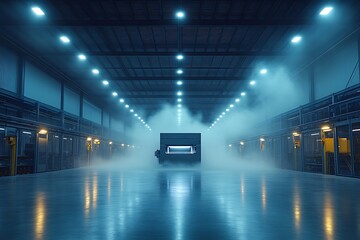 An empty industrial factory interior with machinery and blue light