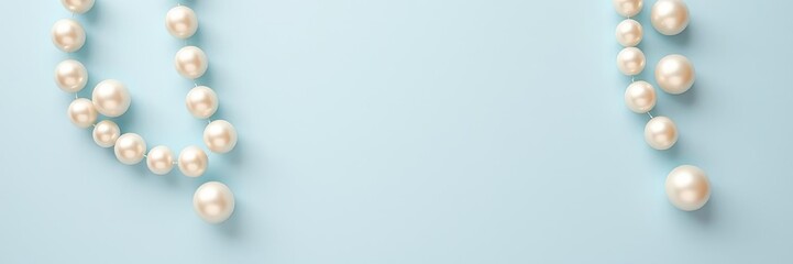 A row of luminous white pearls arranged in a pattern on a pastel blue background with subtle shine and texture details, pearl arrangement, smooth surface