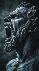 Fototapeta premium Close-up photograph of an angry ancient Greek statue, screaming with mouth wide open, close-up shot of a dark grey stone statue