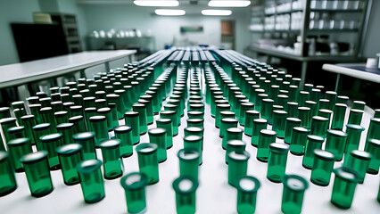 Fototapeta premium A close-up view of vials on a laboratory table, showcasing medical supplies in a sterile environment. 