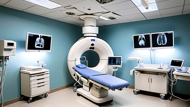 Computer with enhanced MRI or CT scan as medical diagnostic device in hospital laboratory, indoors in a room
