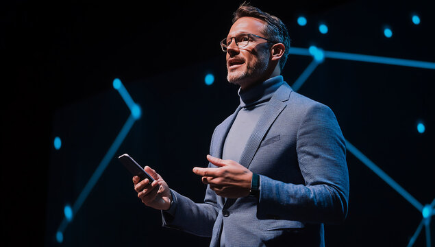 Professional presenter delivering a speech with confidence on a stage, surrounded by glowing digital connections, symbolizing innovation, leadership, and futuristic communication in technology-driven 