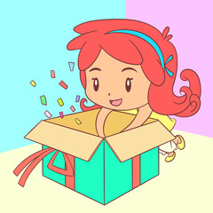 Excited girl opening gift box, cute child, hand drawn, vector illustration