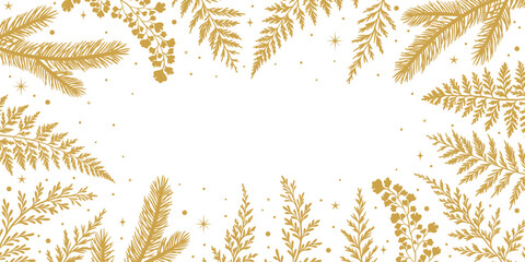 Gold winter holiday foliage frame design, vector background illustration Christmas wallpaper design