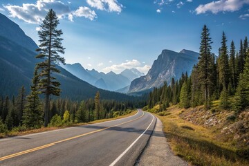 Naklejka premium A single lane of asphalt winding through a mountainous landscape with towering trees and rugged terrain under a bright blue sky, forest, isolation, solitude, scenic drive