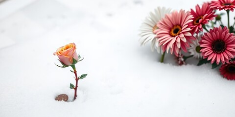 A single rose with its thorns poking out from the snowy ground next to a cluster of gerbera flowers, floral, frosty, delicate