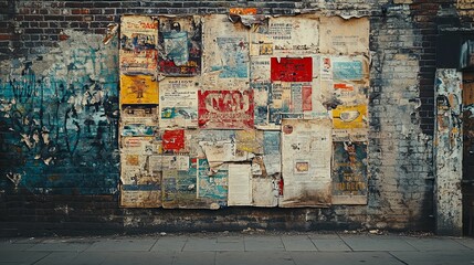 A Brick Wall Covered In Old Torn Posters And Graffiti