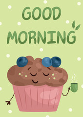 Postcard with a blueberry muffin drinking tea and the inscription good morning