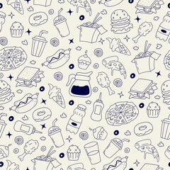 Seamless vector pattern with hand drawn fast food doodle vector silhouettes. Outline vector wallpaper for cafe or diner. Background with snacks and drinks