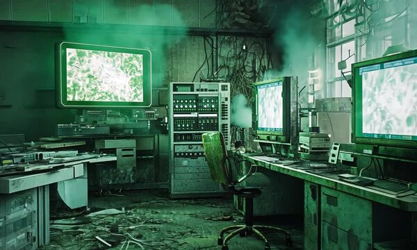 Abandoned lab with old computers, monitors displaying green static, smoke and debris on the floor.