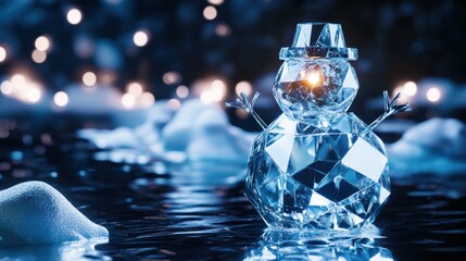 Crystal snowman on ice reflecting lights.