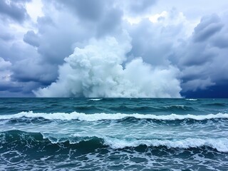 Fototapeta premium A powerful storm unleashes its fury on the calm sea, creating a spectacular display of churning waves and towering clouds., dramatic weather effects, sea landscape painting, stormy seascape