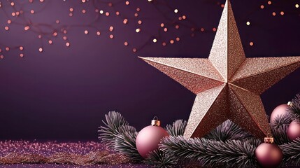 Enormous rose gold star on a deep purple background, decorated with dusty pink ornaments and copper highlights. Modern, oversized holiday theme featuring rich, luxurious colors.